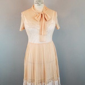 Sheer Blush Pleated Dress with Cream Eyelash Lace Trim & Bow at Neckline